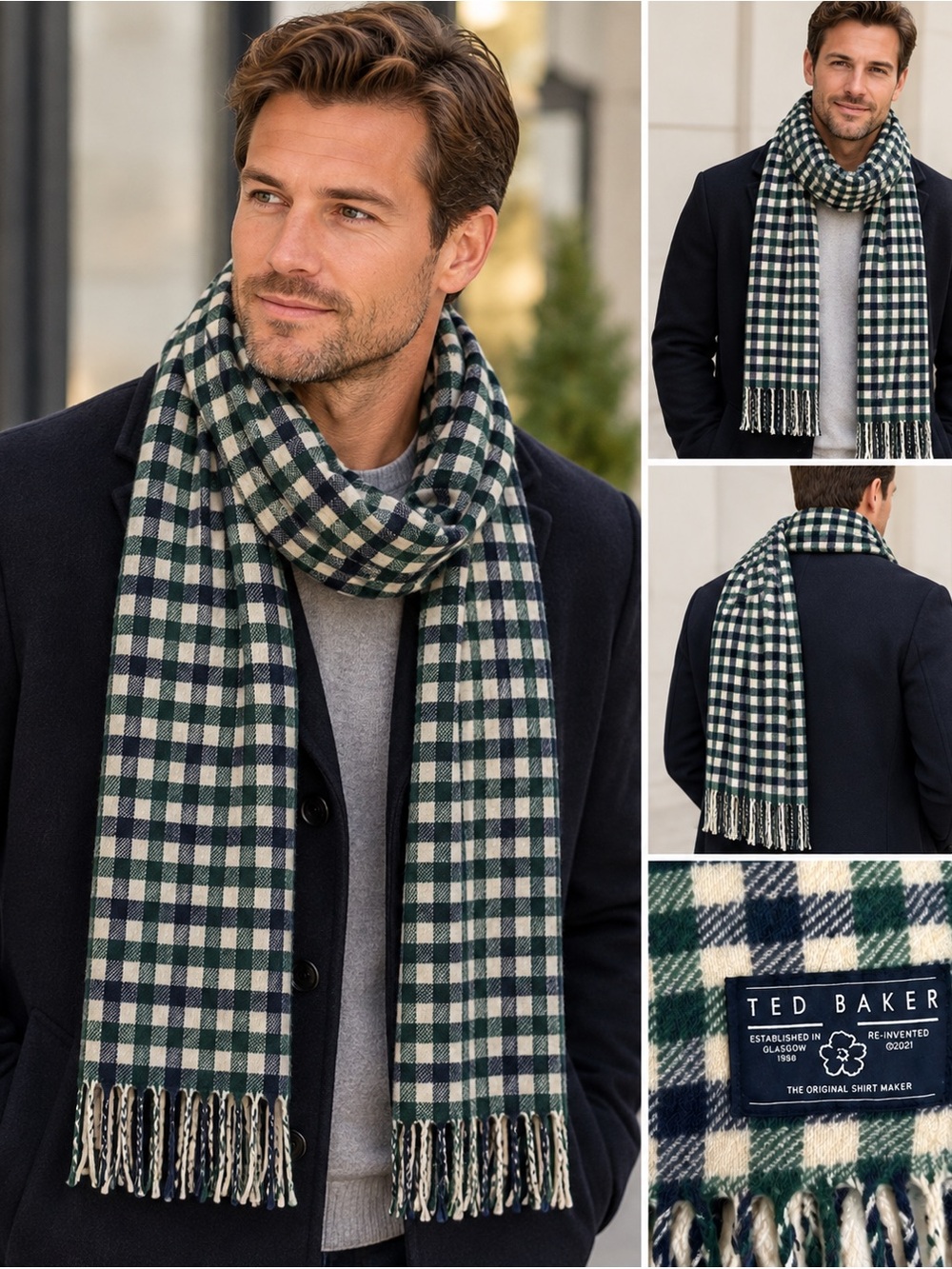 Ted Baker London Green Navy Cream Check Plaid Scarf Fringe